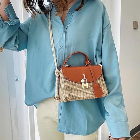 Neiman Marcus Brown Natural Woven Floral Straw Box Bag - Picture 3 of 6